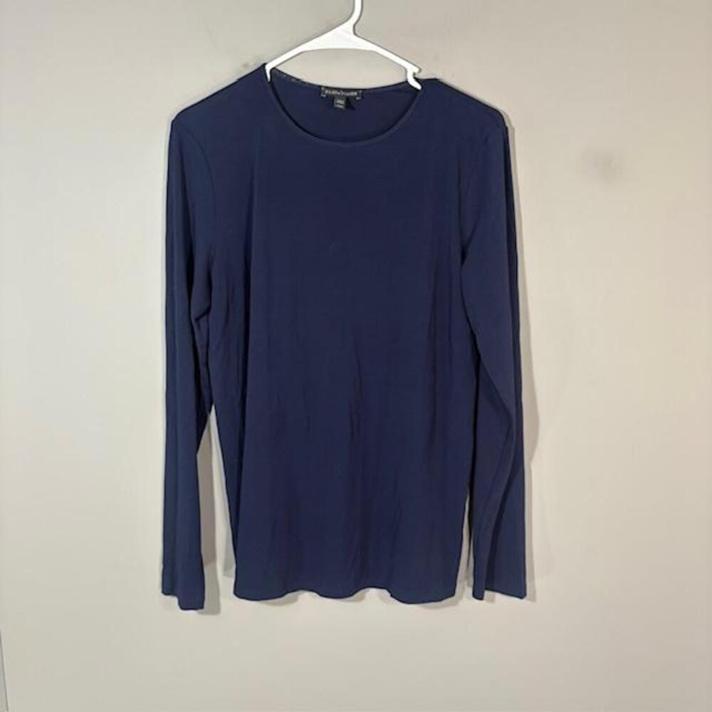 Eileen Fisher Shirt Womens Medium Blue Solid Crew Neck Long Sleeve Silk Top